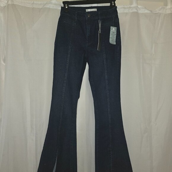 Tractr Denim - TRACTR dark denim flare with slit front leg and raw hem